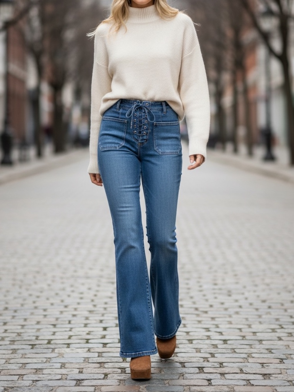 Nili Lotan Florence Lace Up Flare Jeans 29 Boho Retro Patch Pocket 70s $425